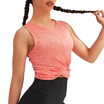 Ladies Pink Sleeveless U-neck Quick-dry Slim-fit Version Waist Twist Design Short Sports Vest