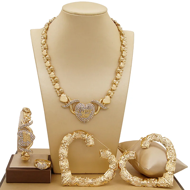 Zhuerrui Brazil Gold Plated Necklace Bracelet Jewelry Sets Big Heart Big  Earrings I Love You Hug and Kiss Xoxo Jewelry Set X0081