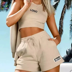 Custom Logo New High Waist Lace up Fashion Casual Racerback Tank Top Wide Leg Shorts Set Cotton Gym Casual Women's Two Piece Set