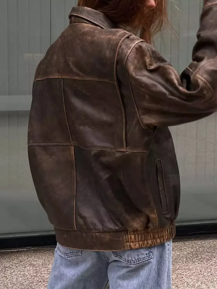 Shop Our Oversized Brown Leather Jacket 90s Women's Style