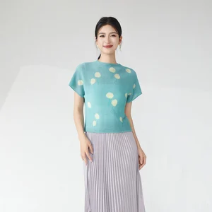 Miyake Pleated Top Summer Stretch Print T-Shirt High Quality Women's Casual Tops Fashionable Women's Blouse