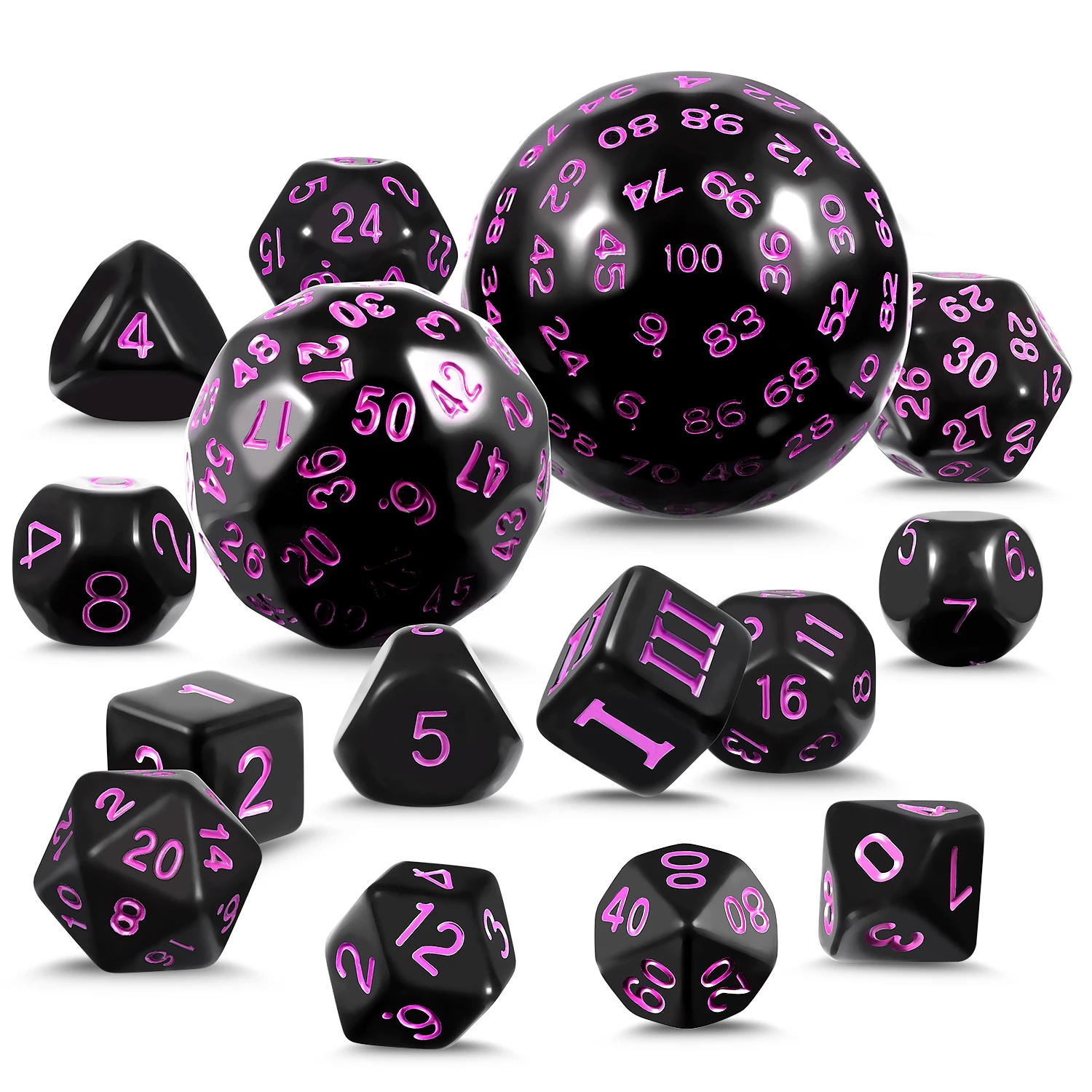 Lot De 15 Dés Polyédriques DND Complets D3 à D100 - Noir Et Vert - Pour Jeux De Rôle
