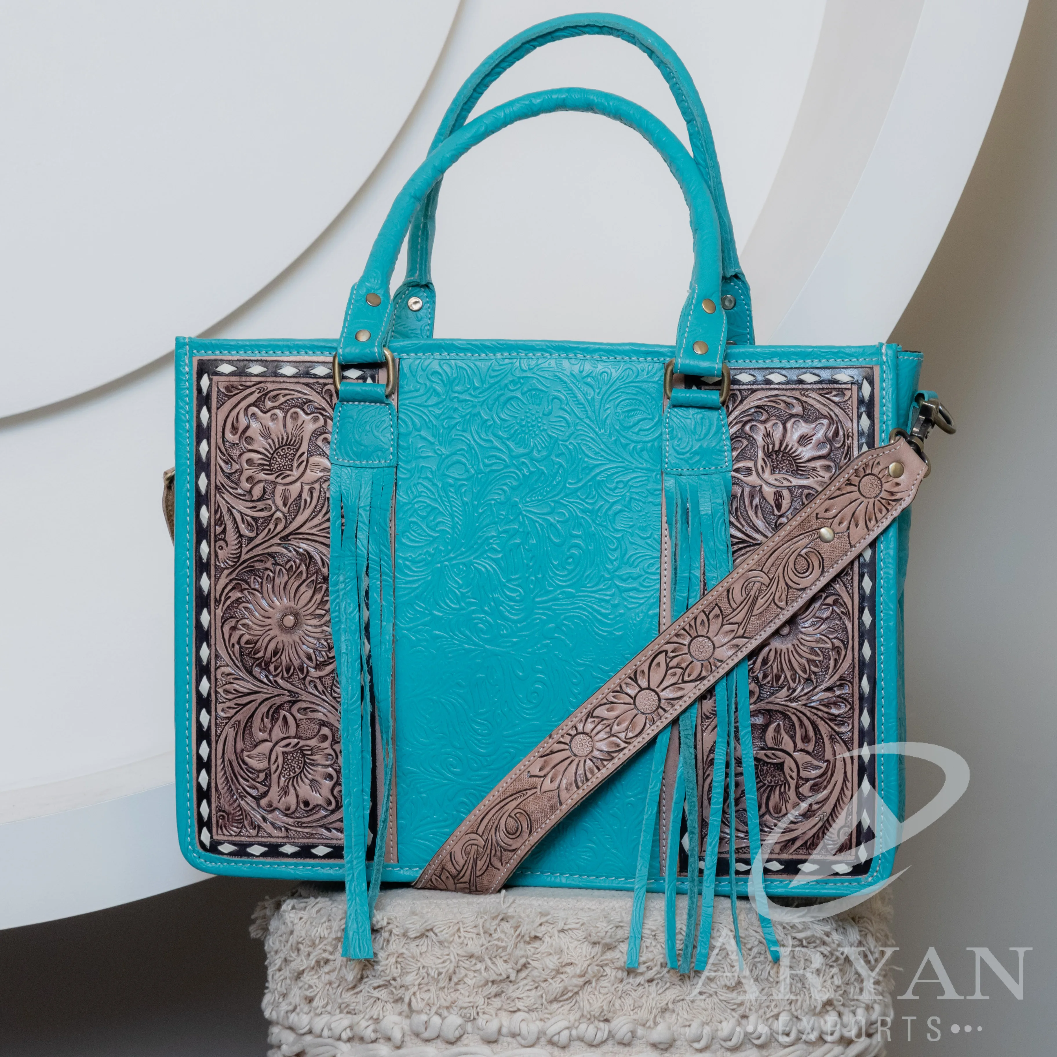 Turquoise Floral Embossed Tote Backpack The Sak Floral Embossed Tobacco Leather Shoulder Bag Western  main image 2