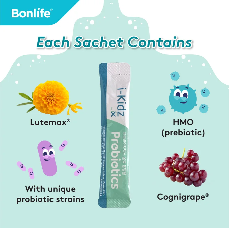 Bonlife I-Kidz Probiotic Sachets with HMO & Cognigrape for Brain & Gut Support (30 sachets x 5g) for Kids Wellness