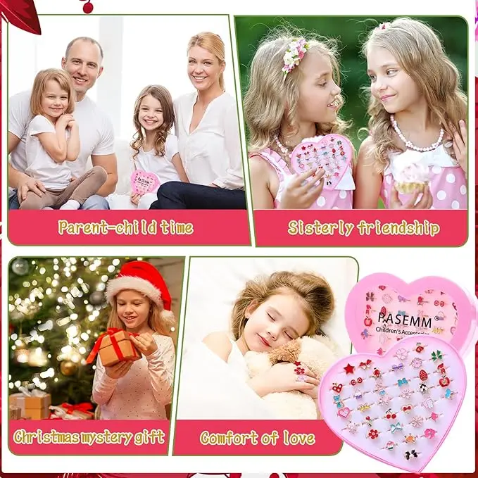Little Girl Jewel Rings in Box, Adjustable, No Duplication, Girl Pretend Play and Dress Up Rings