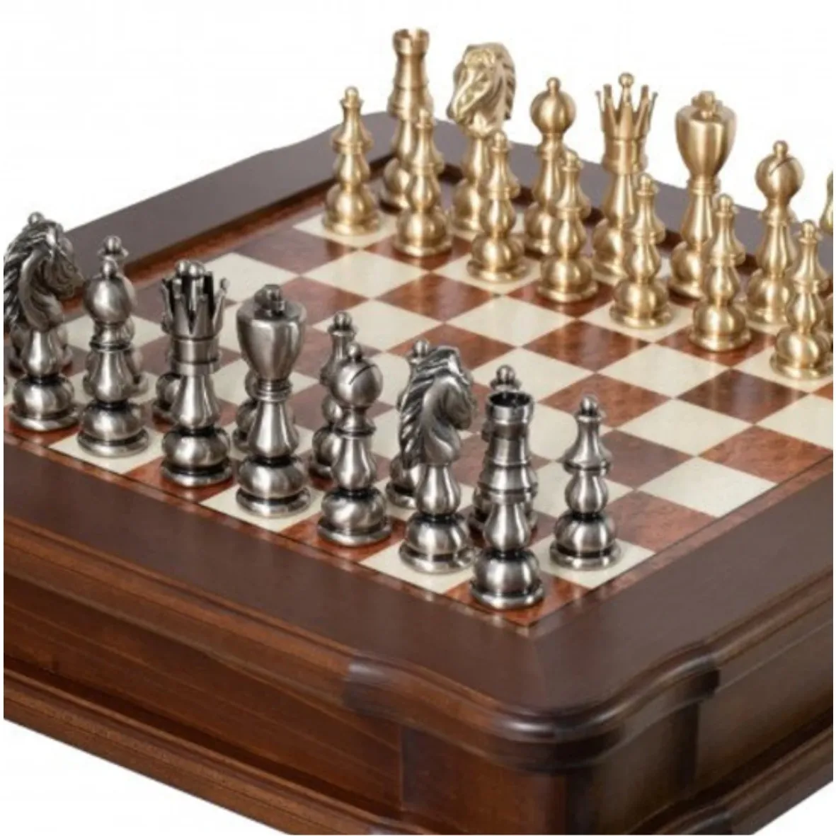 Luxurious Standing Wooden Chess Set With Metal Chess Pieces Silver & Copper Polished High Quality Chess Set Indoor/outdoor Game