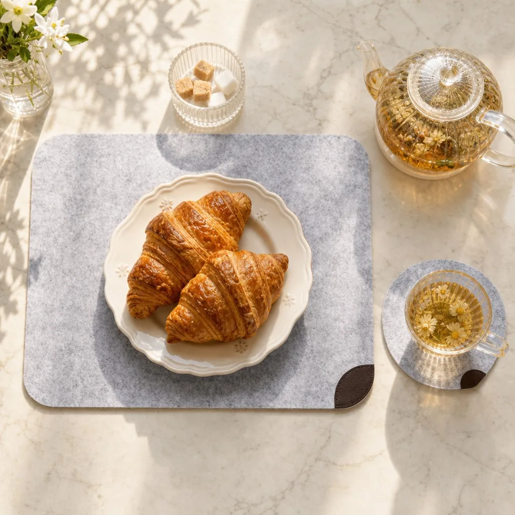 Breakfast tabletop scene with a croissant served on the 3-piece felt placemat set
