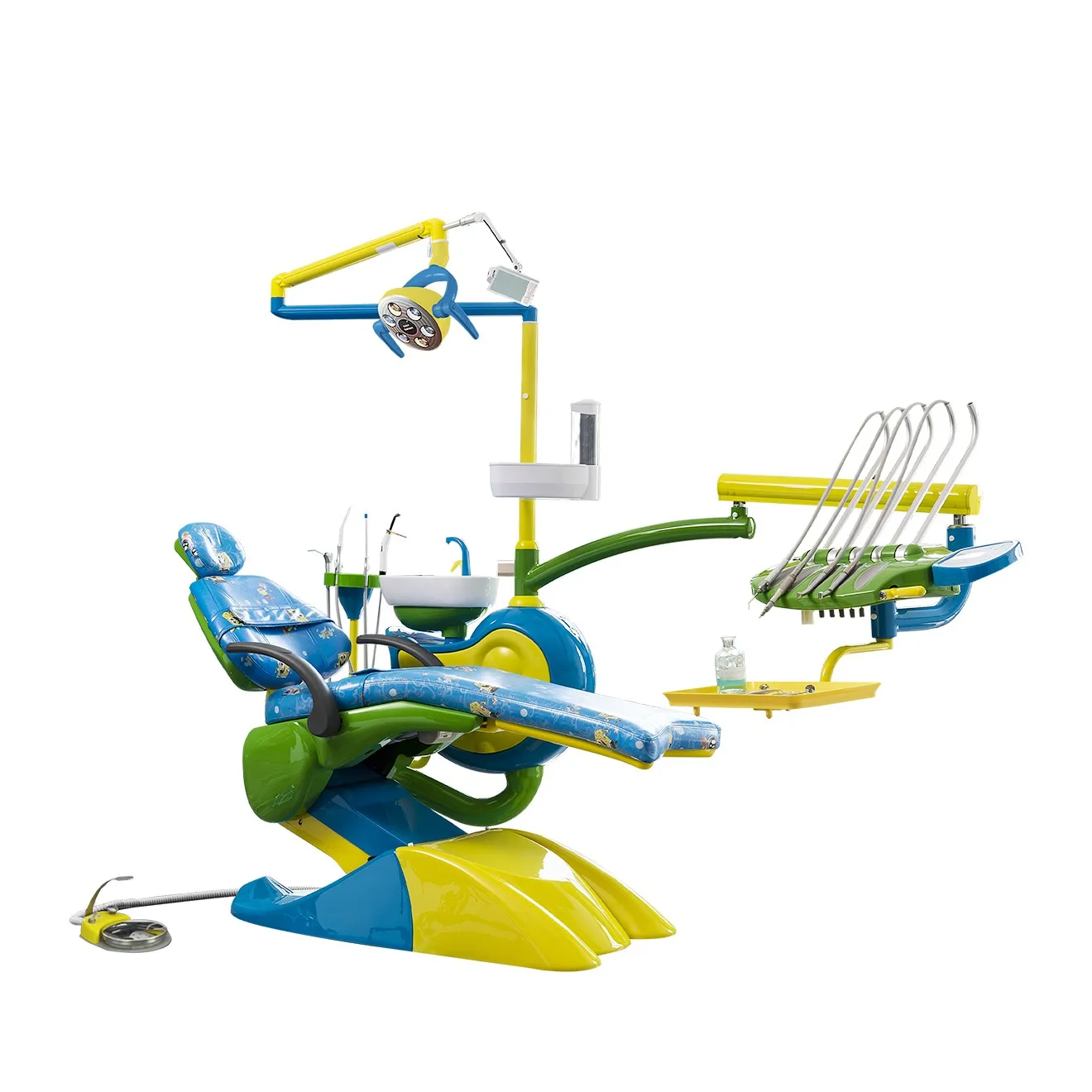 Colorful pediatric dental chair and children dental chair unit with blue, green, and yellow styling for pediatric dental office design