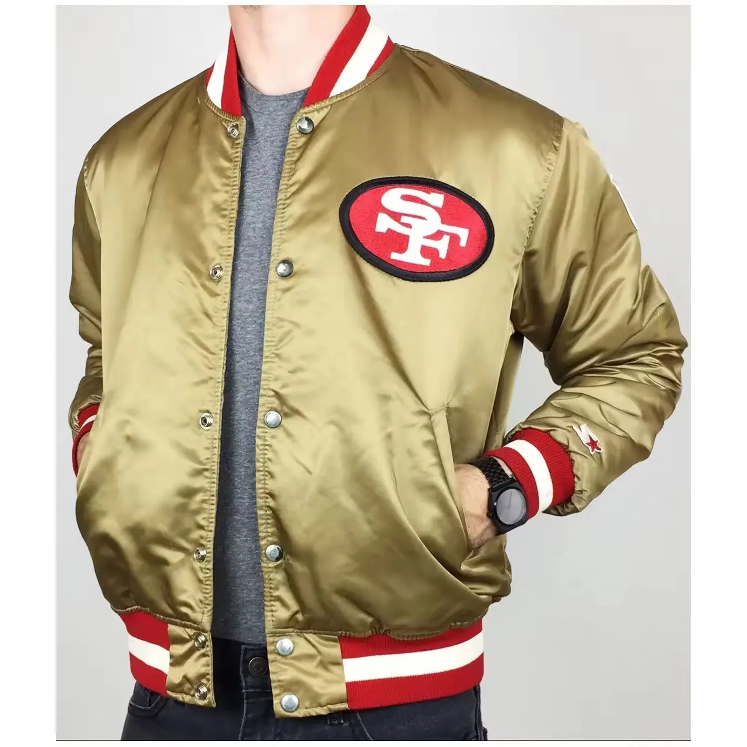 2024 Style OEM Service Authentic Vintage San Francisco 49ers Gold Bomber Satin Jacket High Quality Satin Bomber Jacket for Men