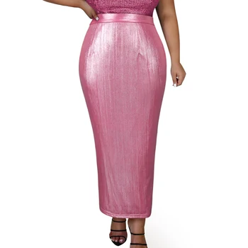 Solid Hot Pink High Waist Glitter Bodycon Women Long Skirts Elastic