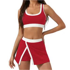 Skin Friendly Active Wear Contrast Color Split Tennis Skirt Sports Bras 2 Piece Yoga Set Women