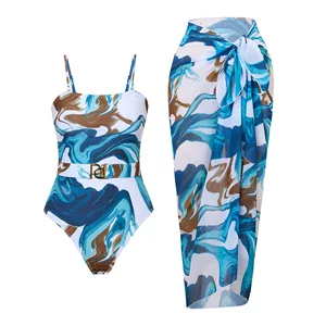 2026 European American New Skirt Style Women's Square Neck Swimsuit High Waist Bandeau Slim Long Skirt Handmade 2 Piece Set