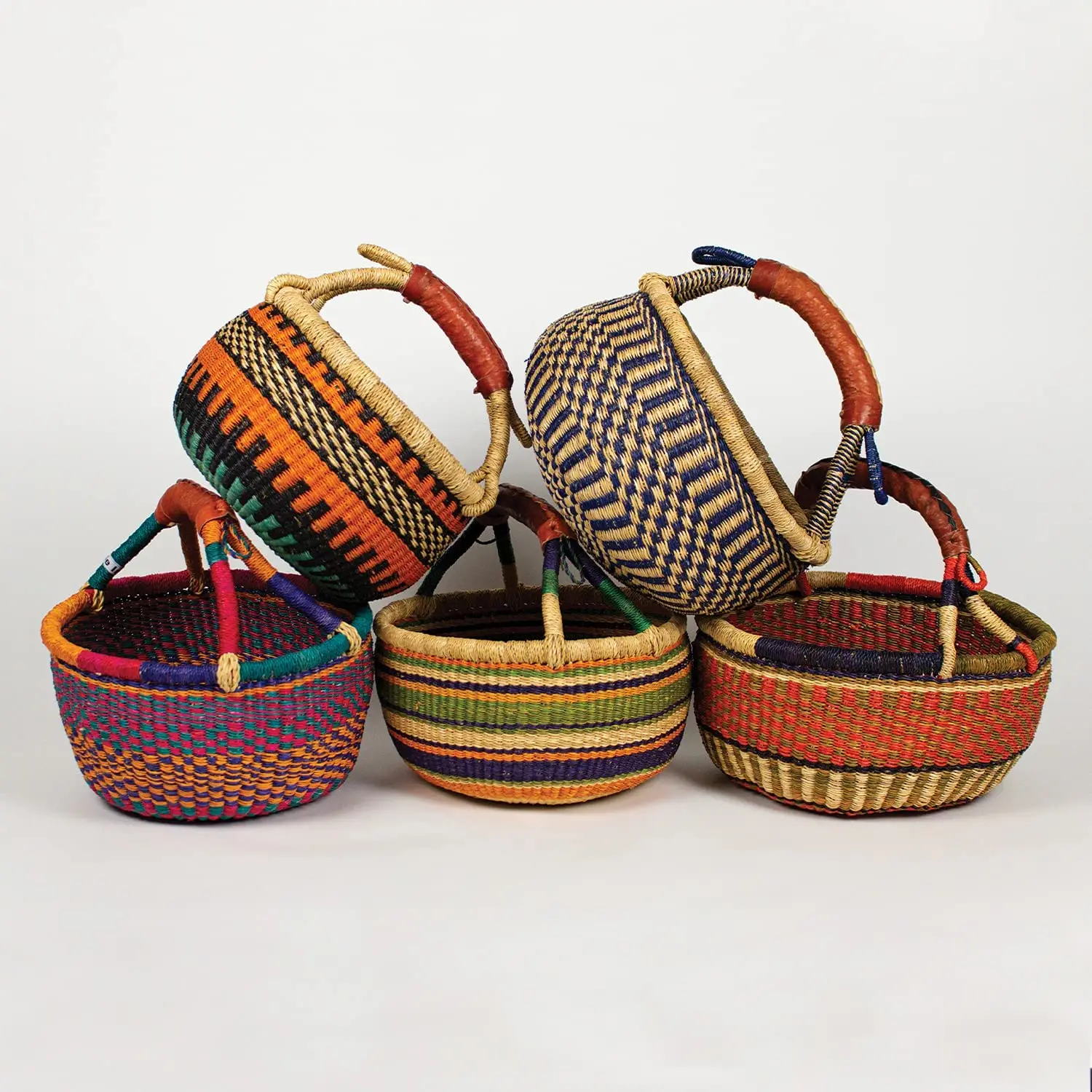 Panier Rond Bolga 40 Cm - Panier à Provisions Ghana Avec Poignée En Cuir - Couleur Naturelle