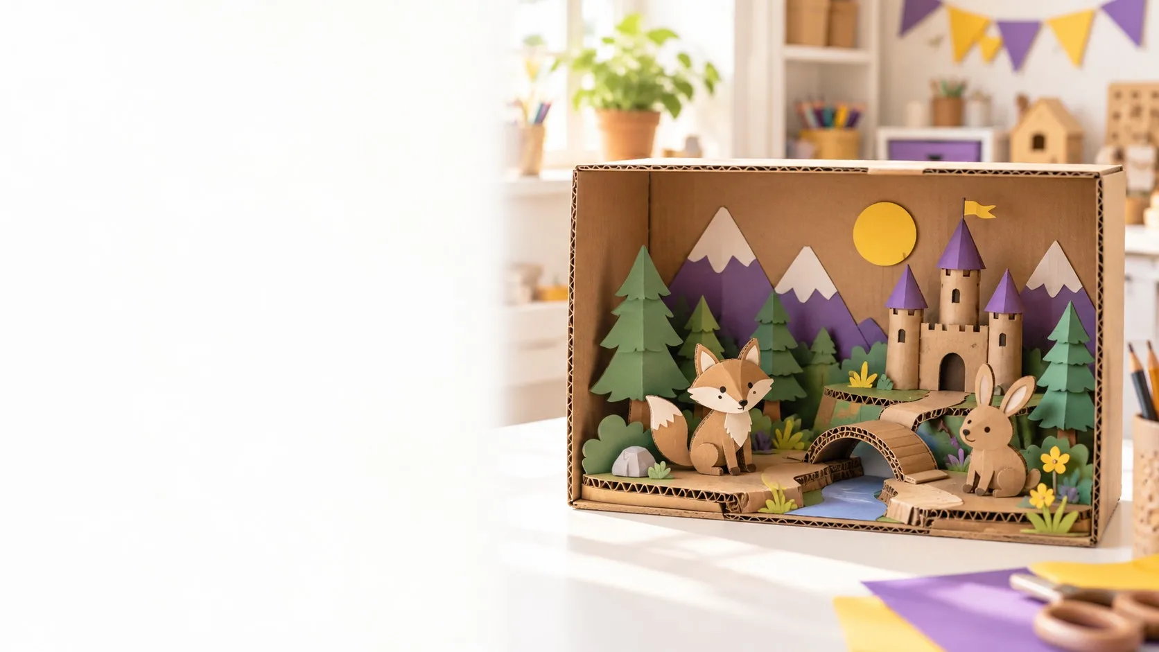 Cardboard storybook scene with animals and castle inside a box
