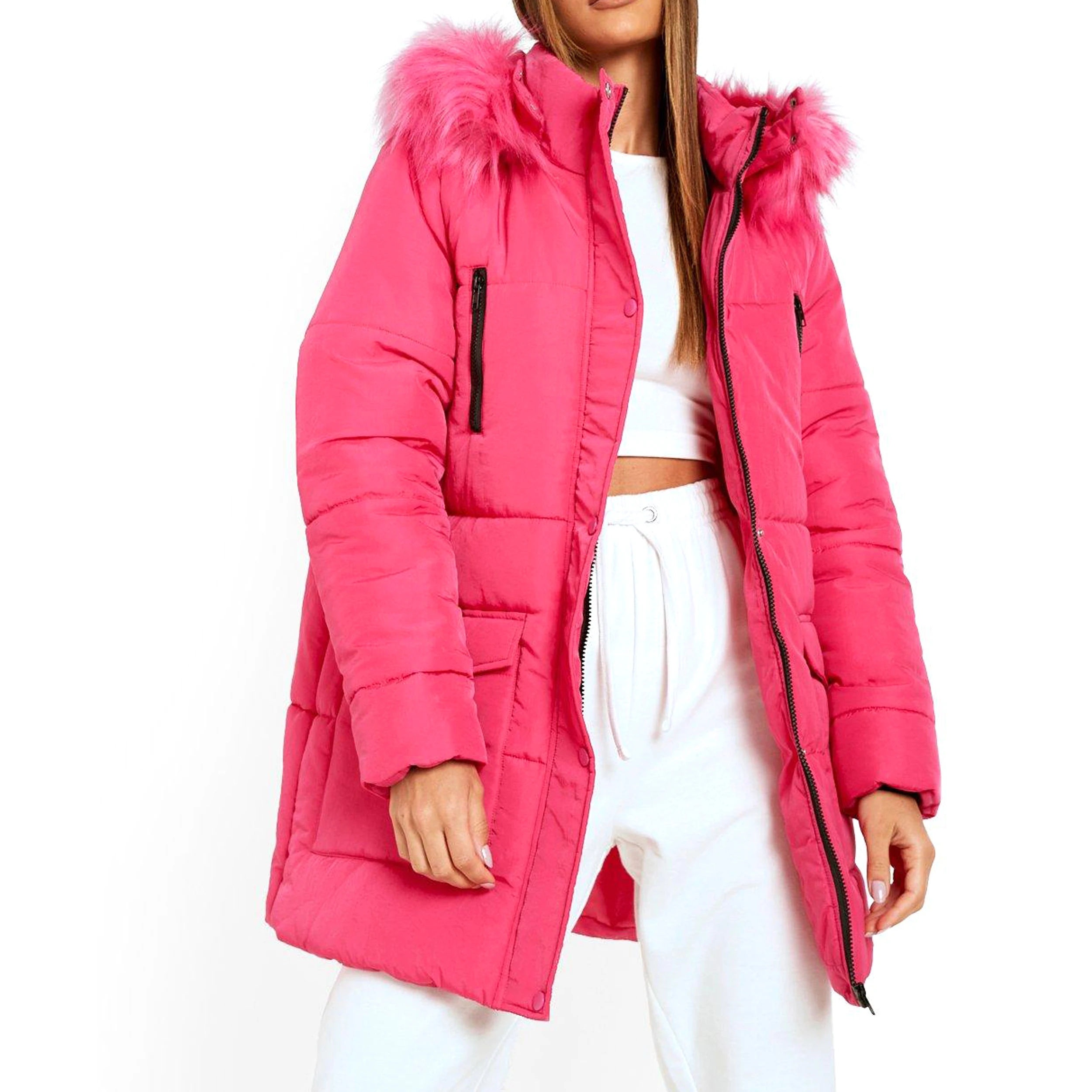 Latest Design Women Hot Pink Faux Fur Hooded Long Puffer Jackets Plus Size Bubble Down Winter Coats - Image 1