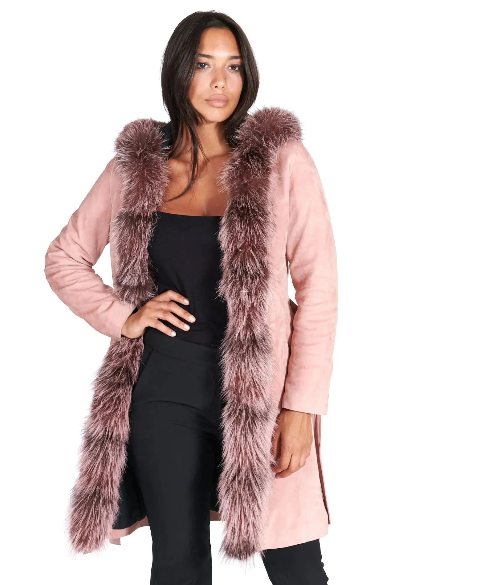 Women Pink Suede Lamb Leather Hooded Coat Fur Edge Manufacture From Pakistan By Village Impex - Image 3