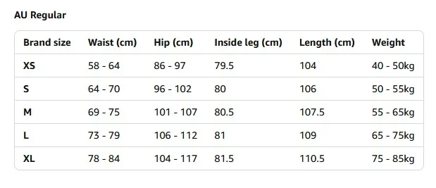 RICH BRIA Size Chart AU Regular
