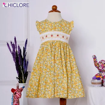 Custom Wholesale Baby Clothes Handmade Smocked Design Yellow Floral Smocked Dress Baby Girls