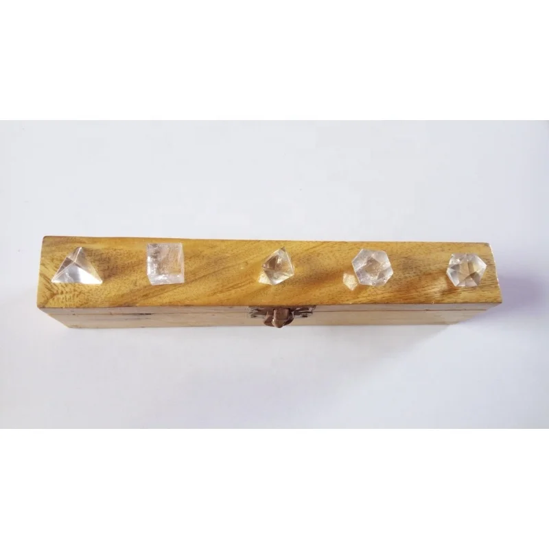 Gemstone Crystal Quartz 5pcs Geometry Set With Wooden Box Platonic Solid Crystals Healing Stones Reiki Rocks Minerals Energy Set