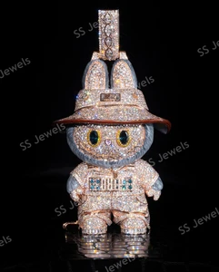 Iced Labubu Face Shape Charm Pendant Cute Bling Character Necklace Hip Hop Cartoon Sterling Silver Rhodium Plated Custom Gift