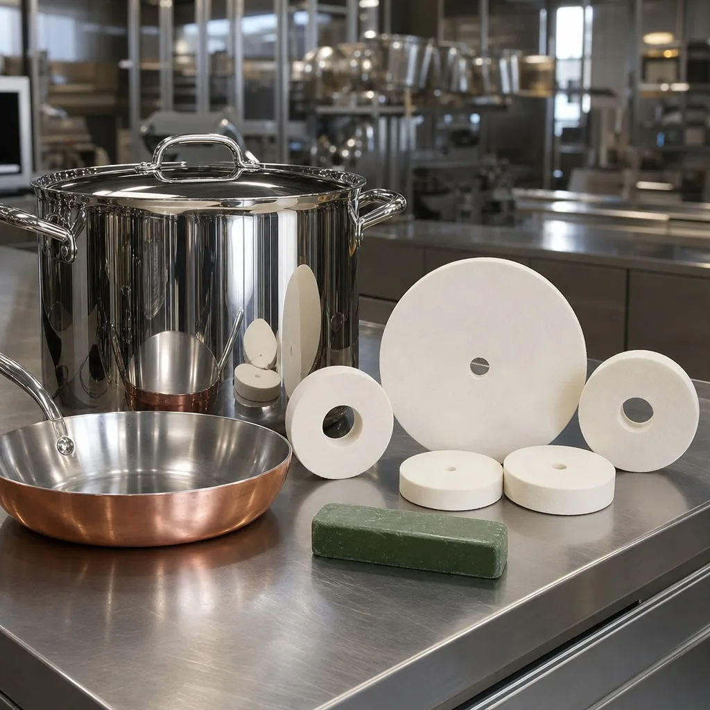 Commercial Kitchen Cookware Polishing with Wool Felt Wheels for Stainless Steel Stockpot and Copper Pan