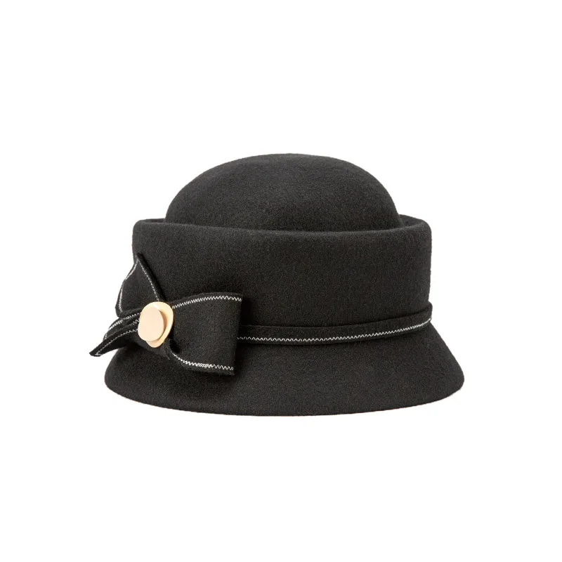 Women\'s Vintage 100% Wool Felt Cloche Bucket Bowler Hat Winter Vintage Bow Black ORIDOOR Women Vintage Wool Felt Flowers Bucket Cloche Bowler  main image 4
