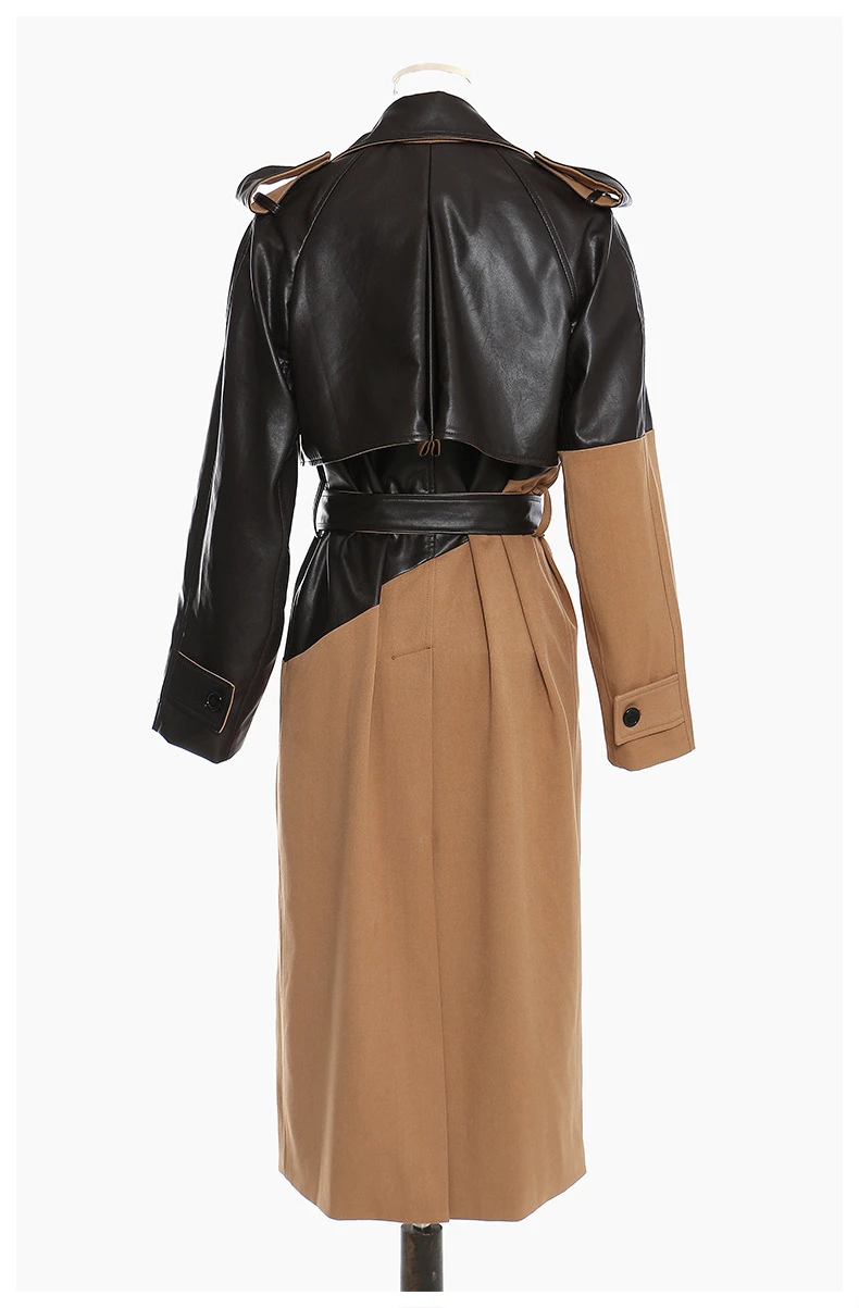 Faux-leather Collar Long Overcoat Wool Trench Coat Winter Woman Ladies Wool Leather Trench Coat - Image 4