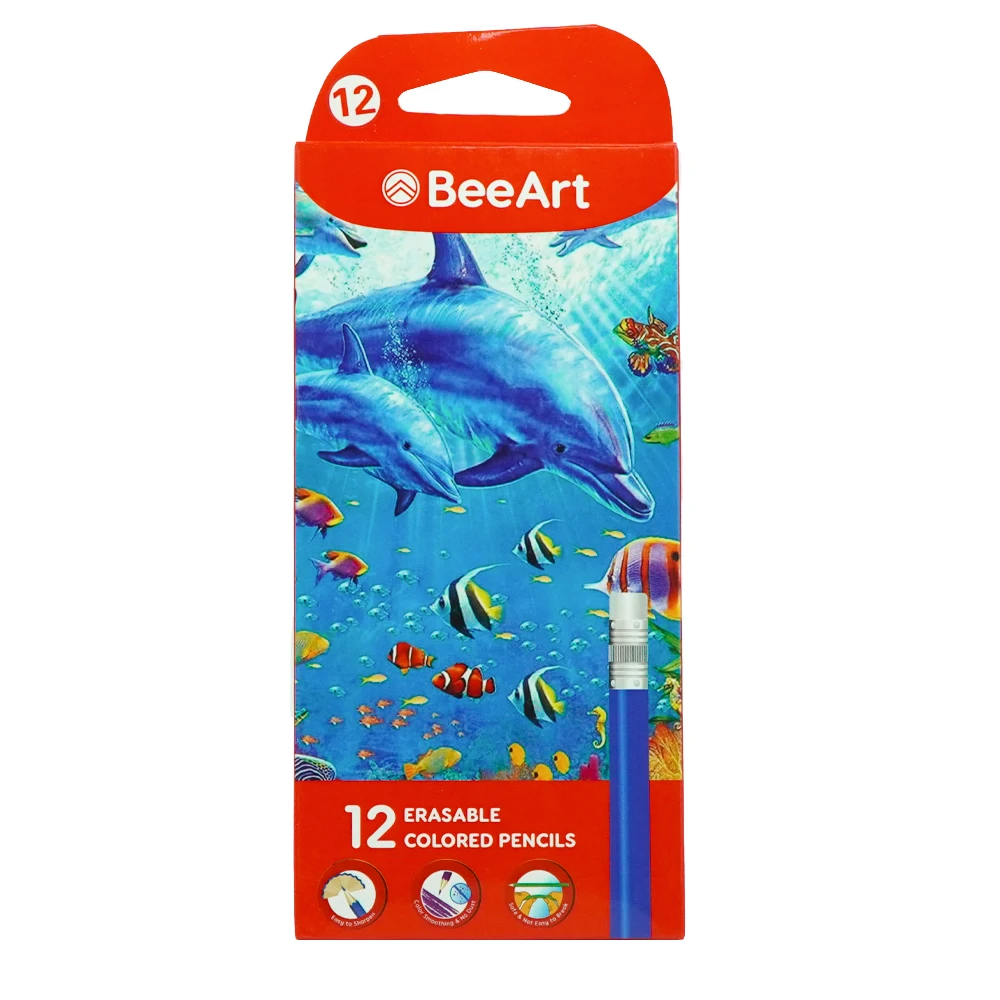 Детские стираемые цветные карандаши BeeArt, набор из 12, карандаши премиум-класса, без дублирования, предварительно заточенные, художественные принадлежности для школы,