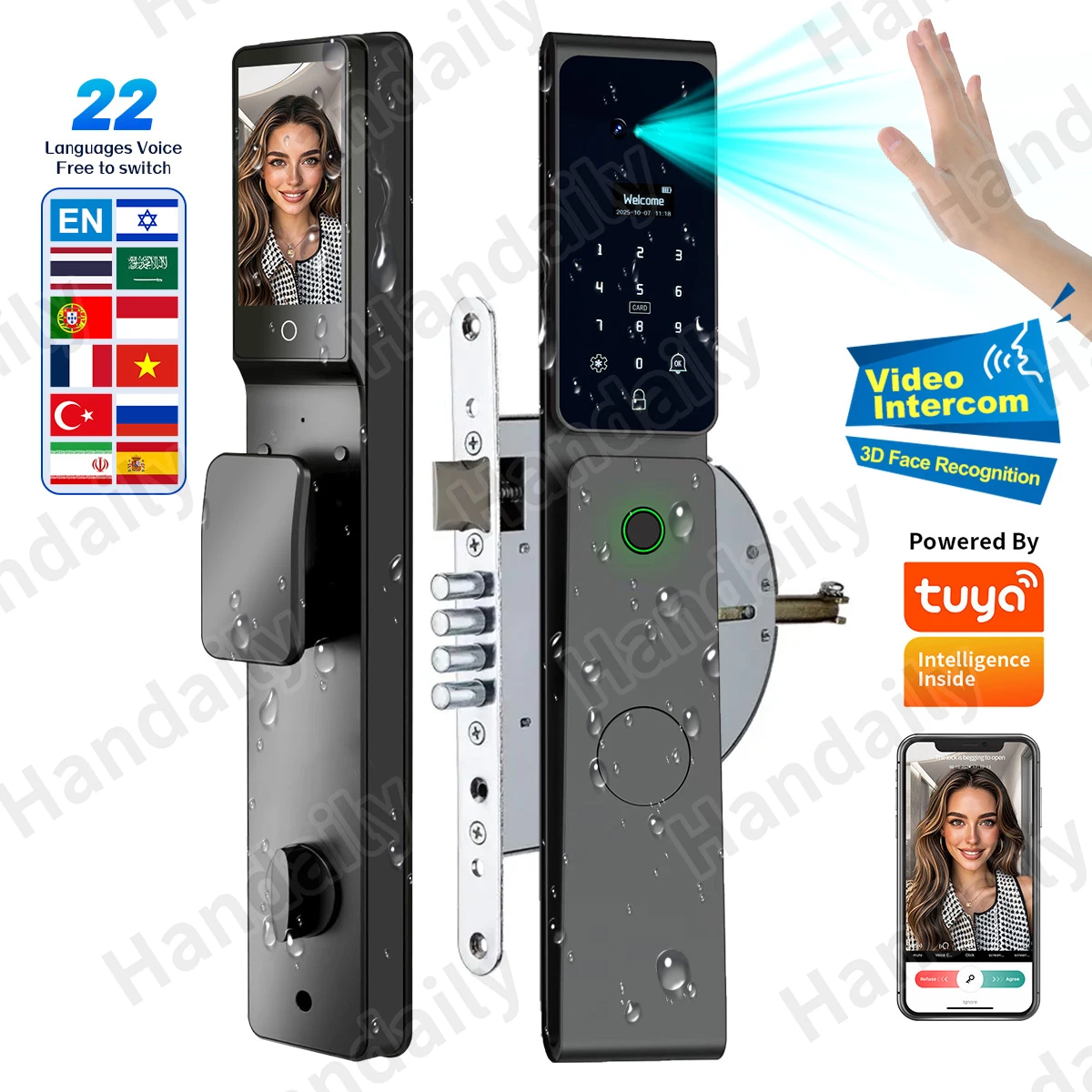 High SecurityTuya Smart Door Lock Palm Face Recognition Cerradura Inteligente Waterproof Digital Lock for Israel 6068/85 Mortise W10