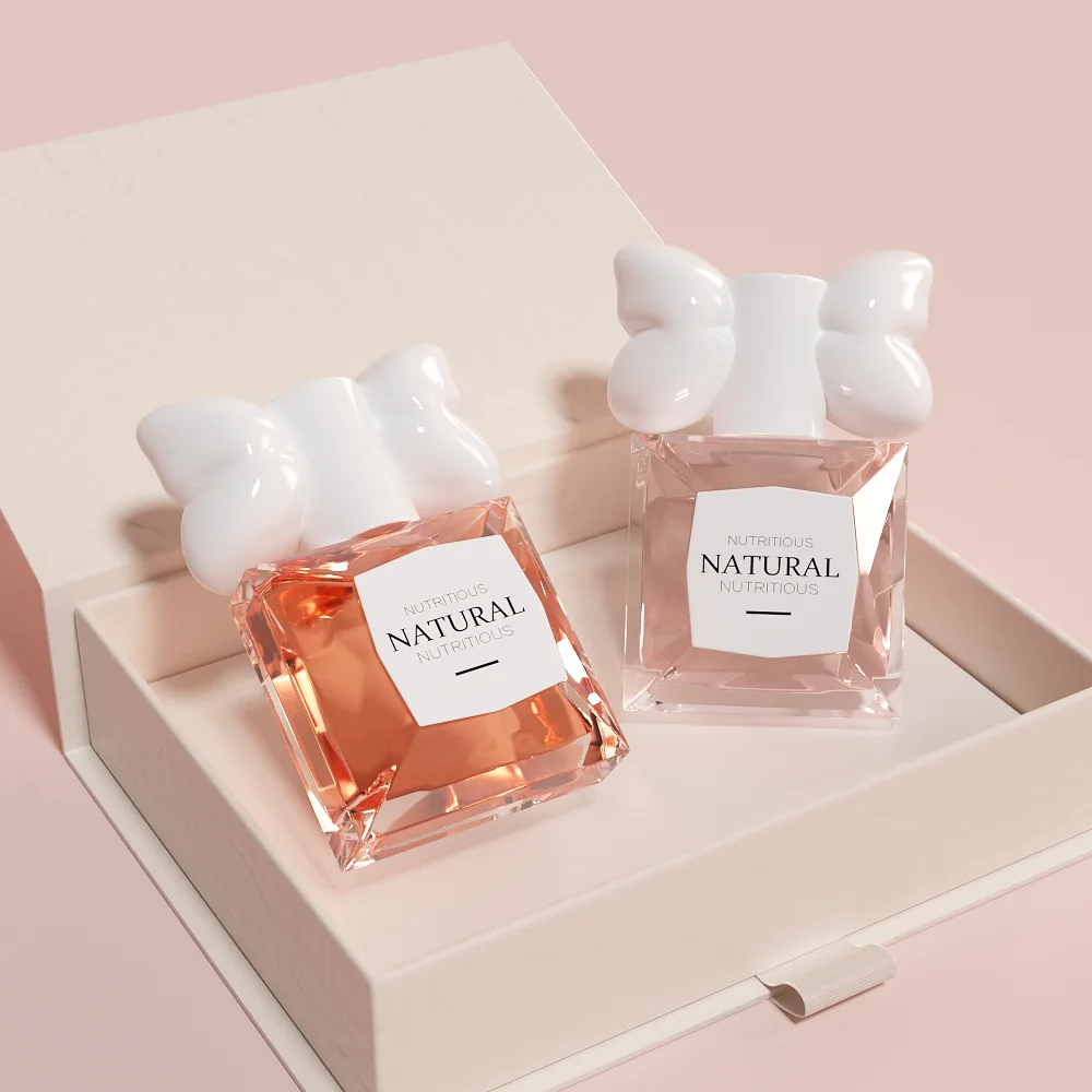 30ml 50ml 100ml Custom Printing Luxury Colorful square Shape Women Empty Sprayer Packaging Perfume Glass Bottle with Bow Tie Cap