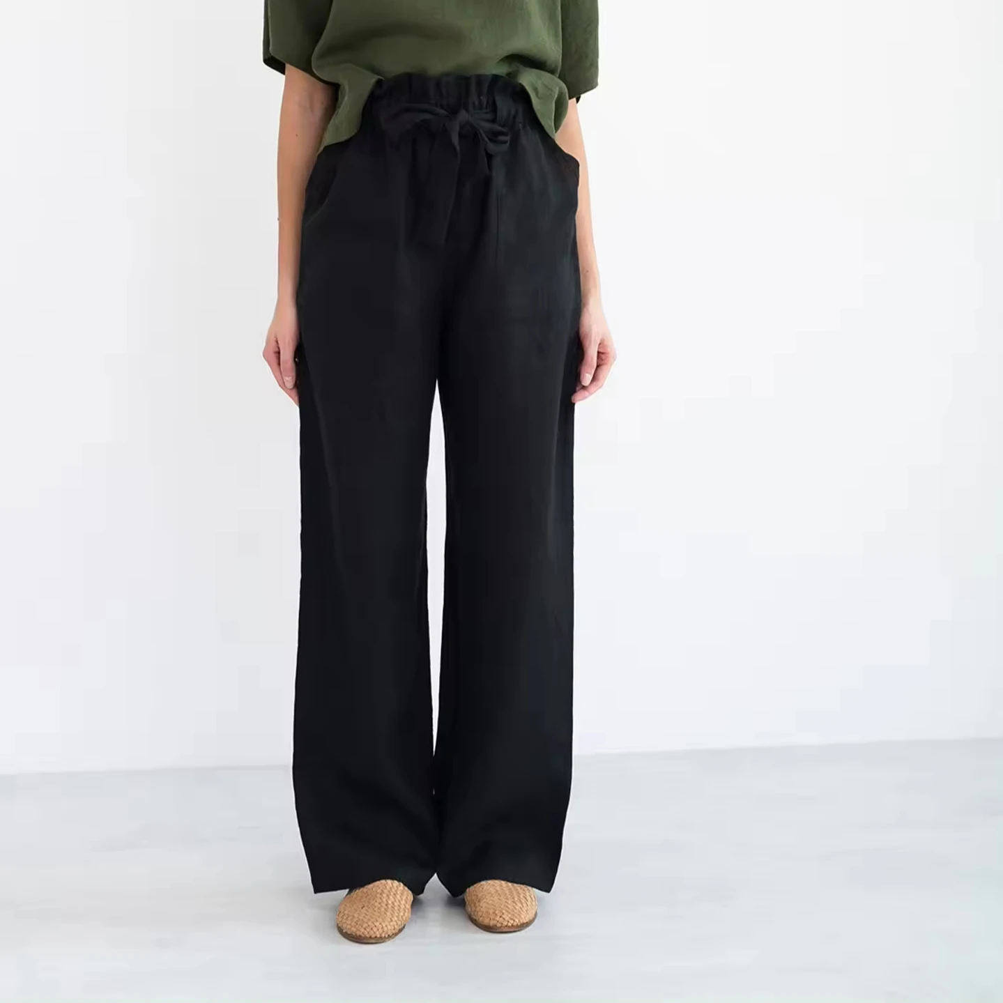 Wide Linen Pants With Gathered Cuff - Black main image 1