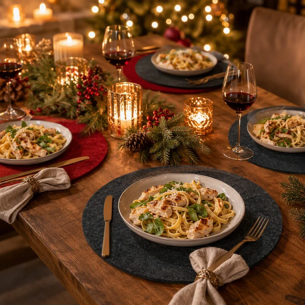 Festive dinner table styled with round felt placemats for a family celebration