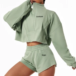 Customized Women's Half Zipper Jacket Raw Hem Shorts Set