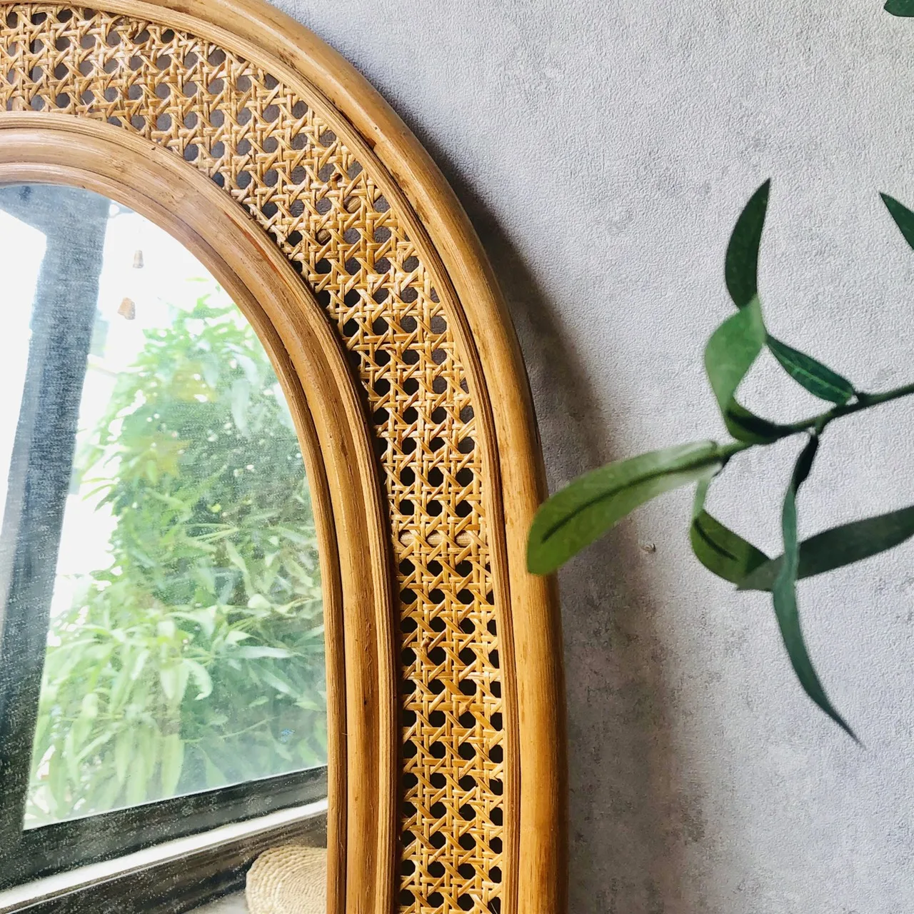 Boho Wall Decorative Handmade Rattan Cane Mirror Wicker Art Arch Cane