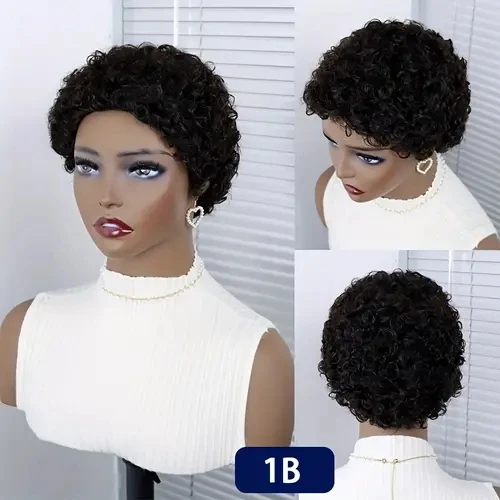 Perruque Afro Femme Cheveux Naturels 100% Humains - Courte, Noir, Taille Moyenne, Neuve