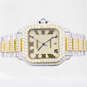 Factory Direct Supply VVS Moissanite Diamond Studded Fully Iced Square Antique Stainless Steel Automatic Men Wrist Watch