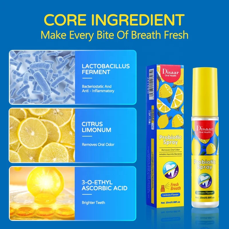 20ml Probiotic Fresh Breath Spray Lemon Flavor Refreshing Mouth Spray for Bad Breath