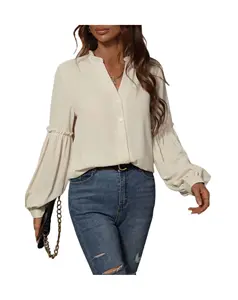 Poxiao Autumn Spring Lantern Sleeve Blouses Elegant Loose Long Sleeve Plus Size Tops V-Neck T-Shirt Top Blouse Women