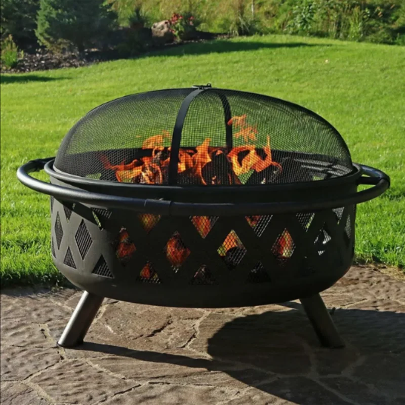 Iron Fire Pit Heating Equipment BBQ With Mesh Cover Grills Poker for Patio Outdoor Brazier Garden Fireplace Wood Fire Pits