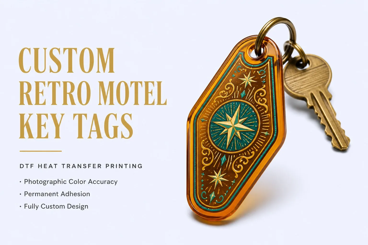 Custom Retro Motel Key Tags — DTF Heat Transfer Printing hero