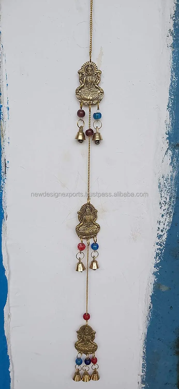Brass Decorative String of Metal and Beads Vintage Indian Style Wall Hanging Bells Brass Wind Chimes (Om-Ganesha-Laxmiji)