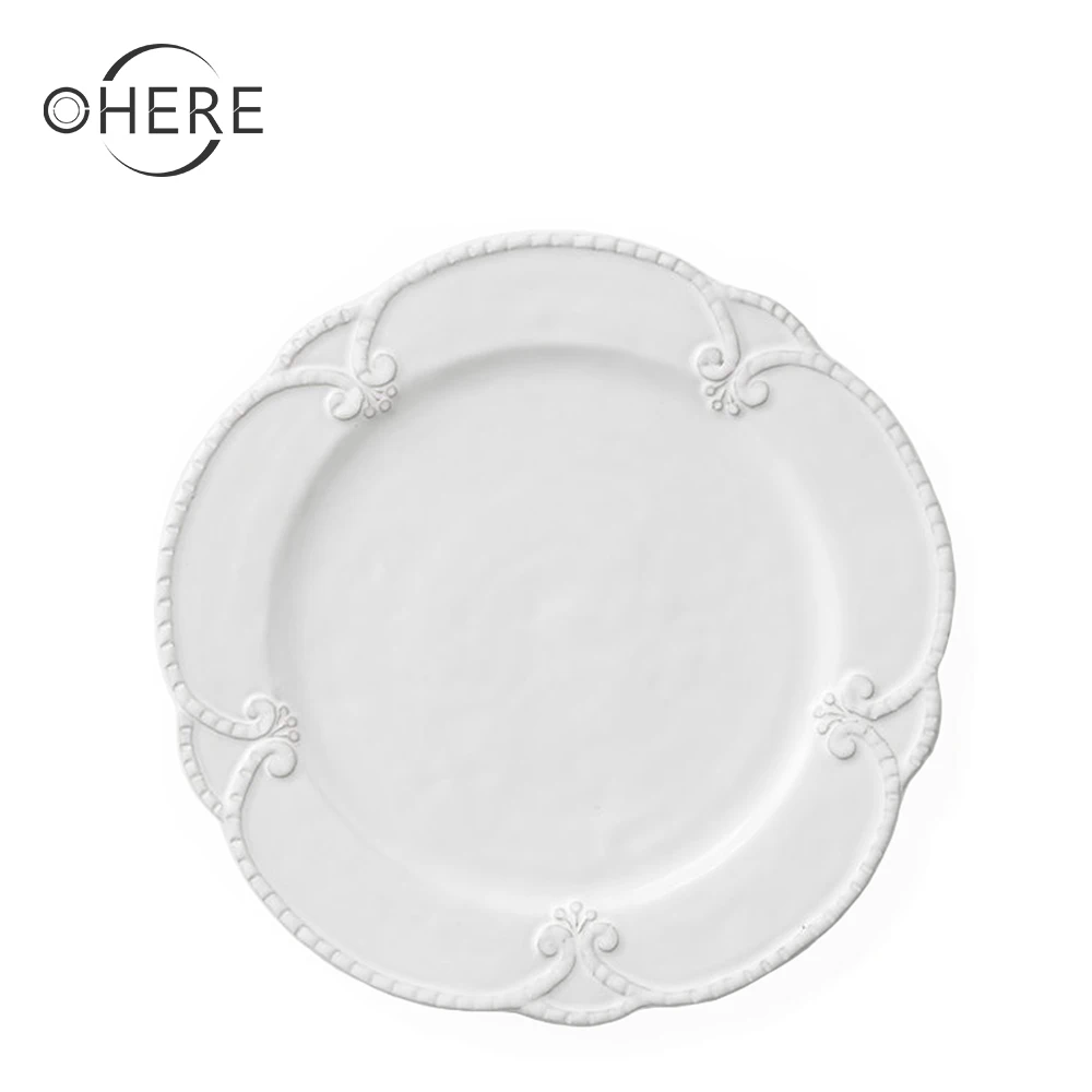 Ohere Bulk Serving Plates Porcelain Wedding Dishware High Quality Pink Embossed Ceramic 13inch Charger Plates
