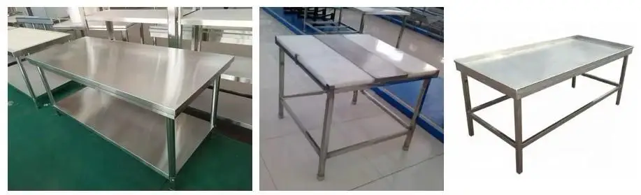 Factory stainless steel work table for use in slaughterhouse or meat processing line