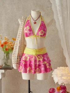 Women Sexy Thong String 3 Piece Bikini Set Cheeky Halter Swimsuit  Bikini Wear Sublimation Beach Wear