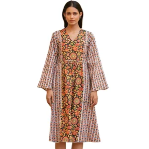 White Geometric Bell Sleeves Woven Floral Button Front Panel Gota Midi Dress with 100% Cotton Women's Sexy Summer Dress