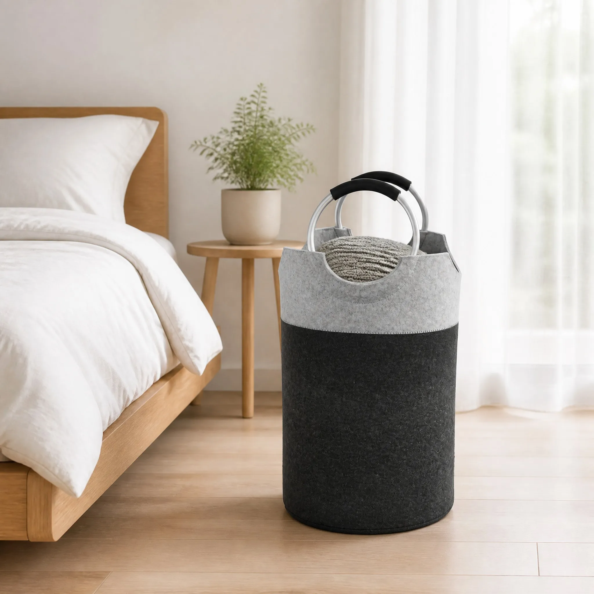 Bedroom laundry organizer - felt laundry hamper beside the bed