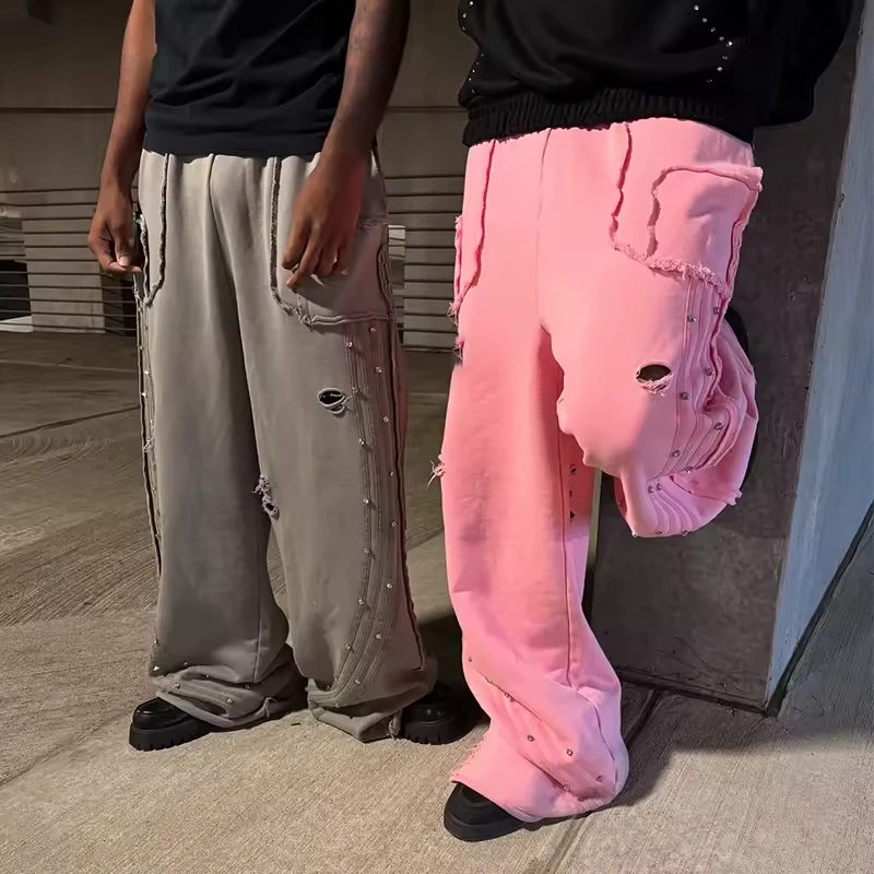 Custom Reverse Stitching Men's Oversized Rhinestone Distressed Wide Leg Baggy Side Stripe Stacked Jogger Sweatpants Man