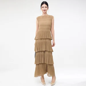 High Quality Women Fashion Dress Design Summer Ruffle Sleeveless Solid Color Party Dress