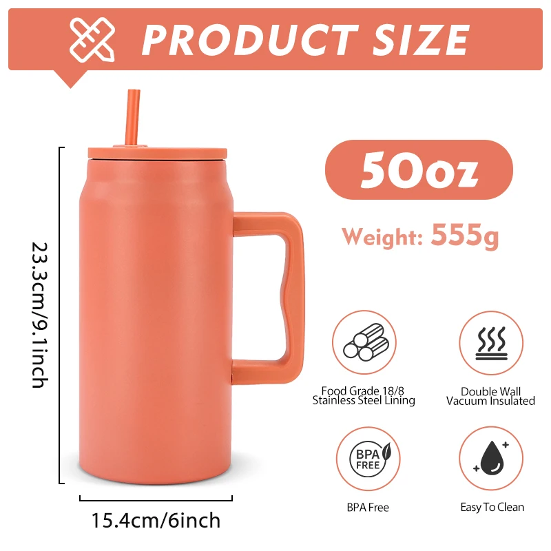 Custom 50oz Reusable Insulated Stainless Steel Large Travel Jug Water Bottle Gifts 50 oz Mug Tumbler with Handle and Straw Lid