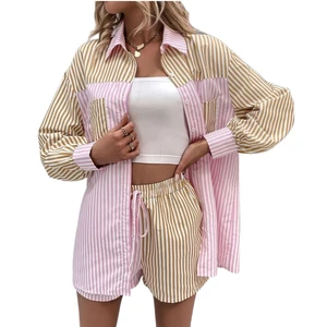 2023 New Arrivals Factory Wholesale Custom Fashion New 2 Piece Striped Long Sleeve Women Shirt Ladies Blouse Short Pants Set
